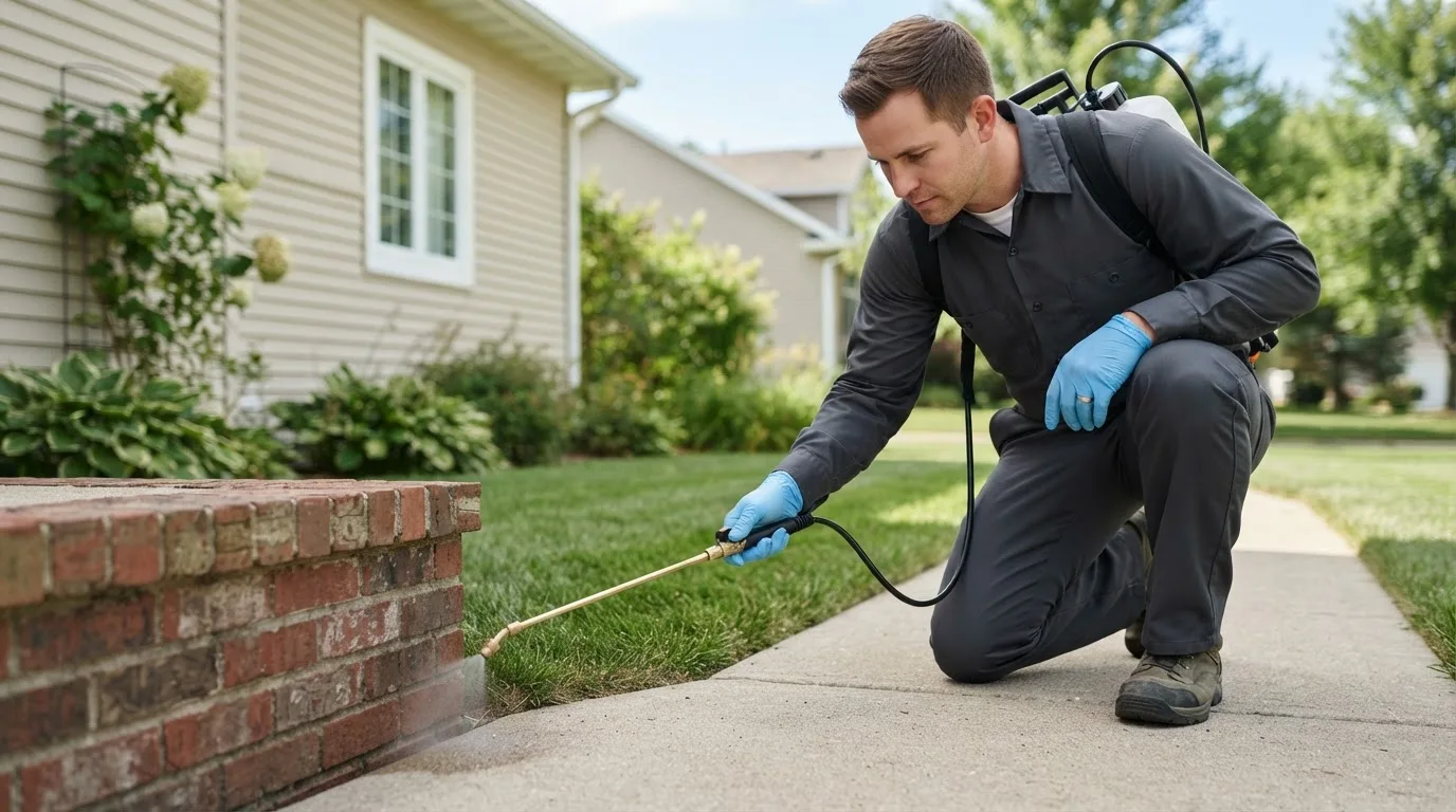 Pest control technician treating a home near Hewitt, WI