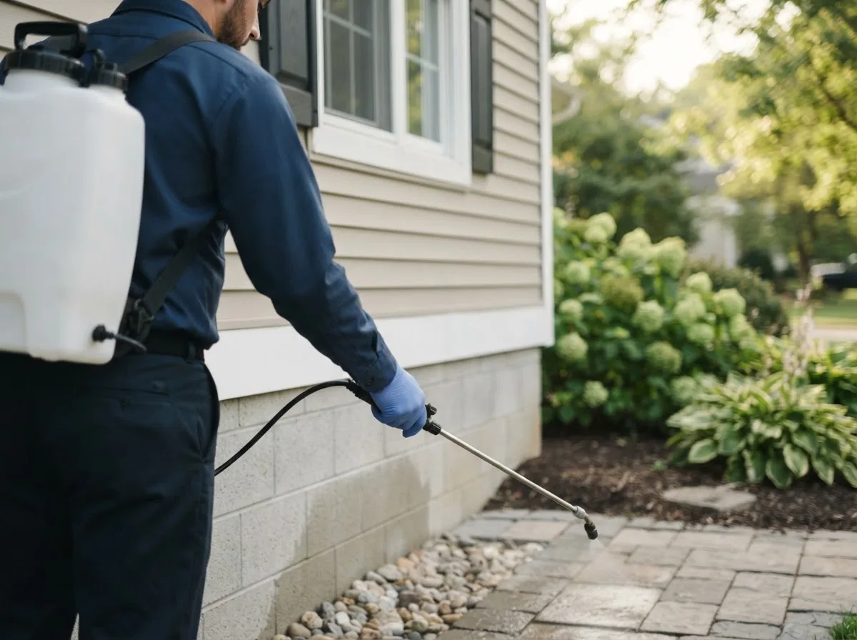 Pest control technician inspecting a home in Hewitt, WI